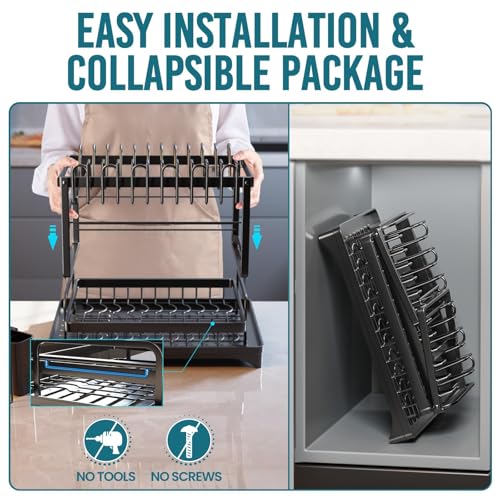 Image of TAILI Dish Drying Rack for Kitchen Counter with Drainboard, Large 2 Tier Dish Rack and Drainboard Set with Cutlery Holder