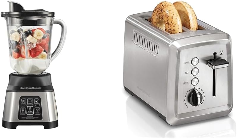 Hamilton Beach Blender and Toaster Bundle - 850W Smoothie Blender with 5 Functions, Wave Action System and 40oz Jar plus 2 Slice Toaster with Extra Wide Slots and Bagel Setting