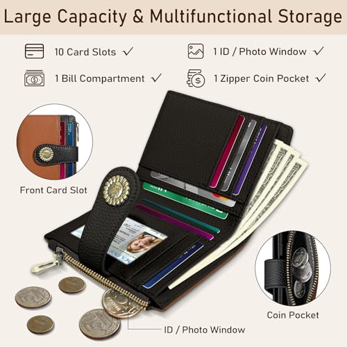 Image of Kelvoris Small Rfid Women Wallet Bifold Zipper Coin Pocket Brown and Black | PU Leather Compact Cash Credit Card Holder Travel Purse for Female Ladies Teen Girls 1 ID Window 10 Card Slots