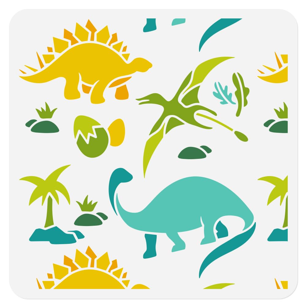 DOODLREAM Dinosaurs Allover Stencil for Painting 30 x 30cm Reusable Plastic Dinosaurs Stencils for Painting on Wall Wood Furniture Fabric Canvas