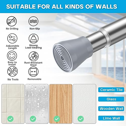 Image of AIZESI 1pcs Tension Curtain Rod Tension Rods for Windows 28 To 48 Inch, 7 /8 inch Diameter Spring Curtain Rod No Drilling Silver Tension Rods of Curtains Window Closet Wardrobe Kitchen