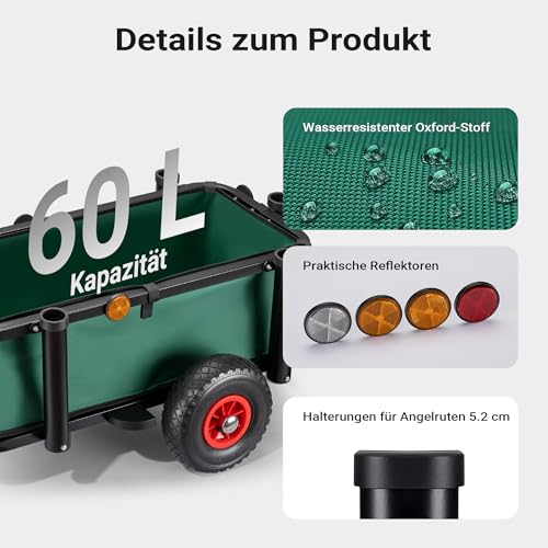 Wiltec Angelwagen mit Tasche, Angel Trolley bis 50 kg, Transportkarre mit 60 l Volumen, Bollerwagen mit Luftreifen, Transportwagen aus Stahl, auch als Lastenanhänger fürs Fahrrad