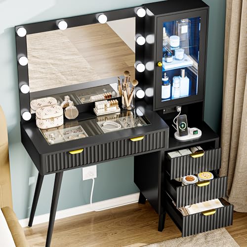 Image of Vanity Desk with Mirror and Lights, 45 inch Fluted Makeup Vanity Desk with Lights &5 Drawers, Glass Top Vanitys with Lighted Mirror and RGB Cabinet, Dressing Table with Power Outlet for Bedroom, Black