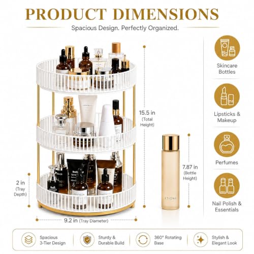 Image of MECHDEL Makeup Organiser Box with Drawers, Perfume, Cosmetic and Skincare Storage Stand, Dressing Table Organiser for Lipstick, Nail Polish (360 Rotating-Transparent White, 3 Tier)