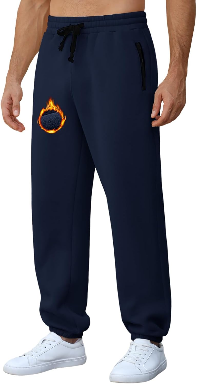 Voqeen heren joggingbroek, fleece thermische joggingbroek voor winter, trainingsbroek met zakken met rits, informele warme hardloopbroek met trekkoord en elastische manchetten voor sport, Donkerblauw Voqeen heren joggingbroek, fleece thermische joggingbroek voor winter, trainingsbroek met zakken met rits, informele warme hardloopbroek met trekkoord en elastische manchetten voor sport, Donkerblauw