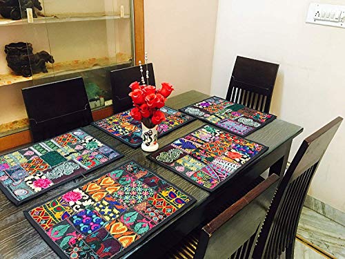 GANESHAM HANDICRAFT - Manteles de Mesa de algodón Estilo Indio Hechos a Mano, Estilo Vintage, manteles Individuales, manteles Individuales Hechos a Mano, algodón, Negro, 12x18