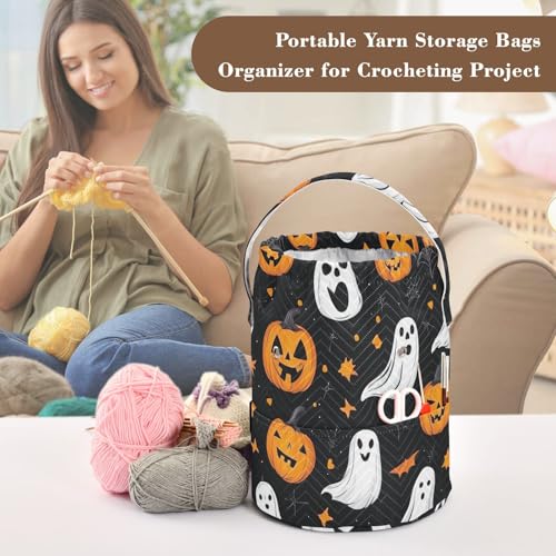 Image of Tatenale Crochet Bag Yarn Bag Knitting Project Bag with Pockets and Handle Portable Yarn Storage Organizer Tangle Free 8.3x11 InchGothic Halloween Ghost Pumpkin and Spider Web04