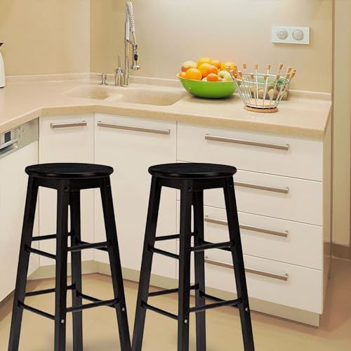 Image of PJ Wood Classic Round Seat 24 Inch Tall Kitchen Counter Stools for Homes, Dining Spaces, and Bars with Backless Seats, Square Legs, Black, Set of 2