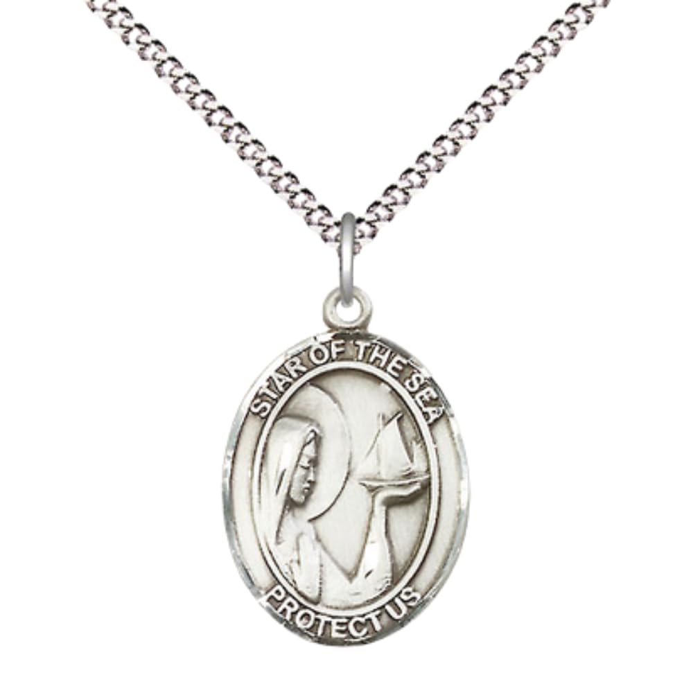 Everlasting Light Jewelry Medium Women's Pewter Our Lady Star of the Sea Pendant Necklace on 18-inch Chain And Gift Box– Patron Saint of Sailors –