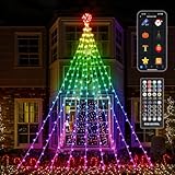 16.4FT Smart RGB Christmas Waterfall Lights with Star, APP & Remote Control, DIY Custom Light Show & Music Sync, Timer, 245 LEDs Color Changing Outdoor Decor for Xmas, Yard, Party