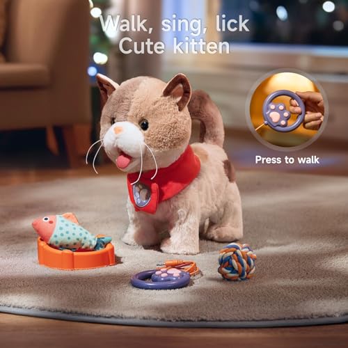 TUMAMA KIDS Elektronische Haustiere, Katze Spielzeug Kinder, Roboter Kuscheltier Plüschtiere Katze, Spazierengehen, Singen, Zunge lecken, Leine fernsteuern, Spielzeug ab 3 jahr, Geschenk Mädchen Junge