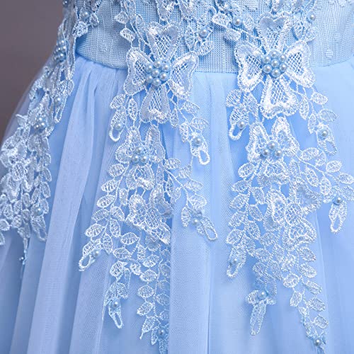 Vestido de niña de flores azul largo con lazo y lentejuelas para boda y baile 4