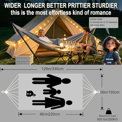 Image of Double Hammock 2 Person Extra Large 220x150cm Total Length 330cm Load 500lb Canvas Cotton Hammock for Patio Porch Garden Backyard Lounging Outdoor and Indoor with Removable Spreader bar