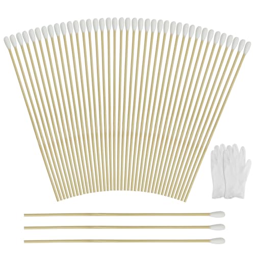 Lot de 200 cotons-tiges, long manche en bois, 15 cm, bâtonnets de nettoyage avec 2 gants pour appareil photo, clavier, maquillage, polissage, nettoyage
