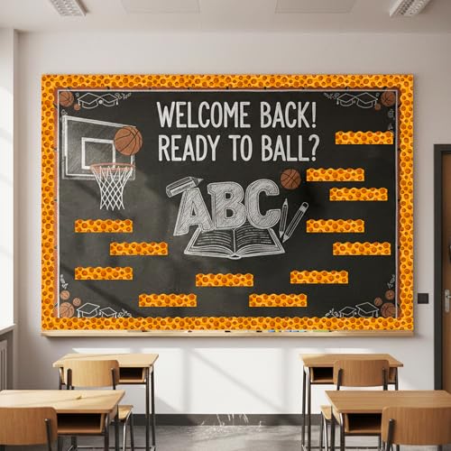 Image of BeYumi Basketball Sport Border Trim - 65ft Back to School Basketball Sport on Orange Scalloped Rolled Border Trim Ball Sports Theme Bulletin Board Set Party School Classroom Chalkboard Wall Decoration