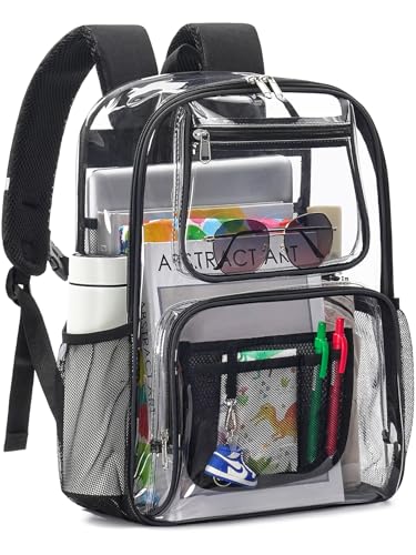 Heavy Duty Clear Backpack For Kids Women Men Boys Girls, 17 Inch Large See Through Backpack, 360° 3M Reflective Strips Clear Bookbag, Transparent Bag For School College Sport Work Travel, Black
