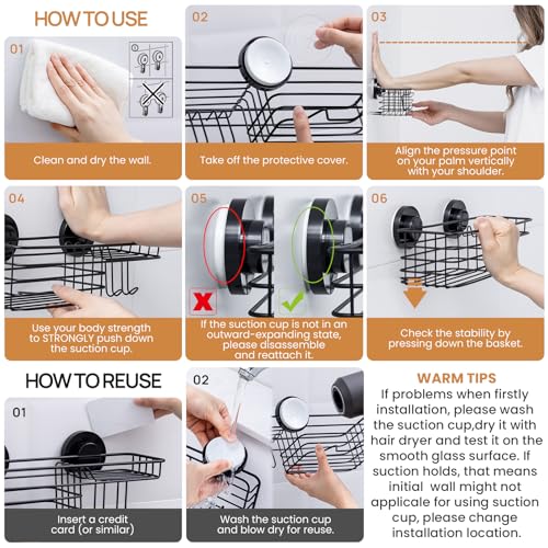 Leverloc Shower Caddy Suction Cup, 2 Pack Shower Shelves For Inside Shower With Hooks & Soap Holder, No-Drilling Shower Organizer, Rustproof Shower Caddies Storage thumb #4