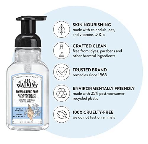 J.r. Watkins Foaming Hand Soap With Pump Dispenser, Moisturizing Foam Hand Wash, All Natural, Alcohol-Free, Cruelty-Free, Usa Made, Ocean Breeze, 9 Fl Oz, 3 Pack #TOP1