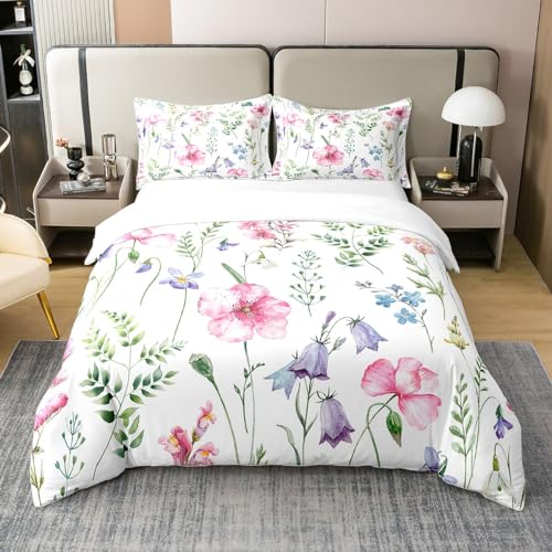 Homemissing Coquelicot Rose 100% Coton Housse de Couette 240x260cm Coquelicot Parure de lit 100% Coton imprimé Floral Literie Set Ultra Doux décor coloré...
