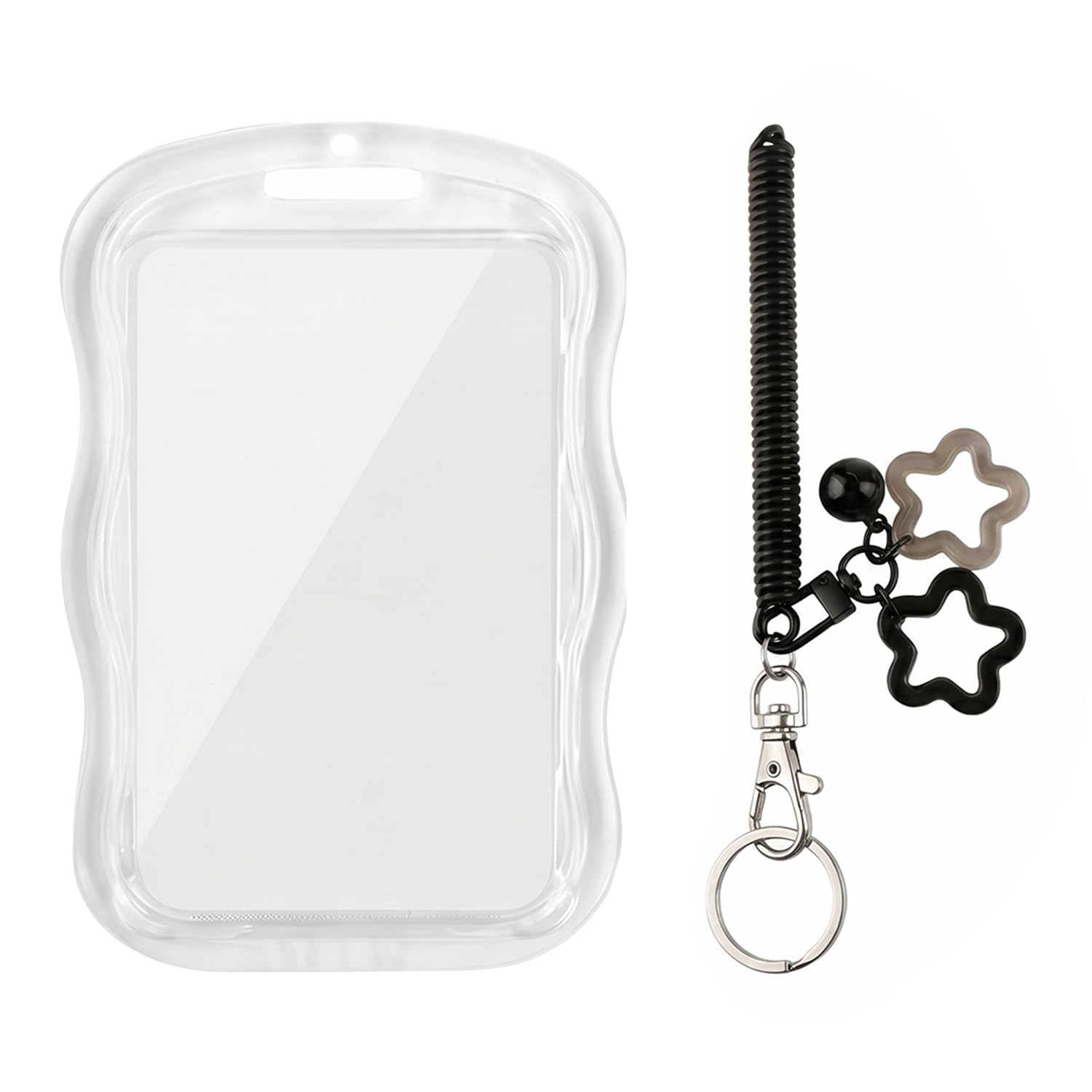 Wellrun Cute Kpop Star Wave Photo Frame with Keychain,Transparent Silicone Photo Card Holder,Creative Protection for Debit,ID Cards,Stylish Mini Photo Protector with Star and Bell Charm(Black)