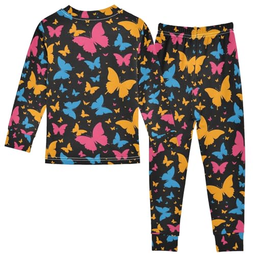 ALAZA Multicolor Butterfly Black Pajamas Long Sleeve Sleepwear 2-Piece Pajama Set2