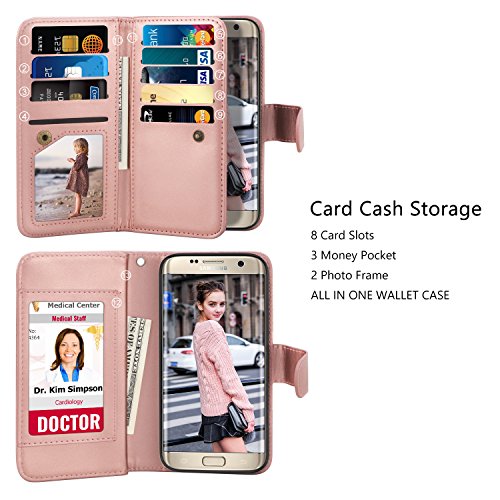 Till For Samsung Galaxy S7 Edge Case, Till Samsung Galaxy S7 Edge [Pu Leather] Flip Wallet Case [Cash & Card Slot Holder] [Kickstand] Detachable Magnetic Folio Protective Case Cover [Rose Gold] #TOP2