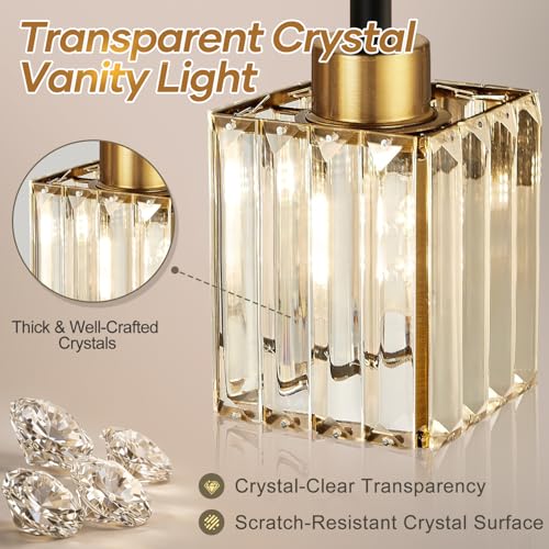Image of Torondo Modern Crystal 3-Light Vanity Lights for Bathroom Gold Bathroom Lights Over Mirror Black and Gold Vanity Lighting Fixtures Square Shade Brass Wall Sconce (Bulbs Not Include)