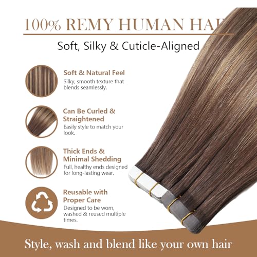 Image of Tape In Hair Extensions Human Hair Brown Balayage Caramel Blonde