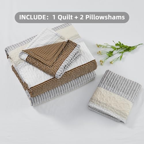 Image of Andency King Size Quilt Set Caramel Brown, 3 Pieces Summer Ultra Soft Lightweight Bedspreads & Coverlets Set, Patchwork Striped Quilted Bedding Sets for All Seasons (1 Quilt, 2 Pillow Shams)