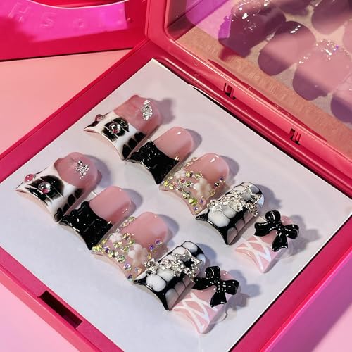 IntoVibes Handmade Short Duck Press On Nails Black Ballet Ribbons And Y2K 10 Pieces Reusable Acrylic False Nails Size Medium