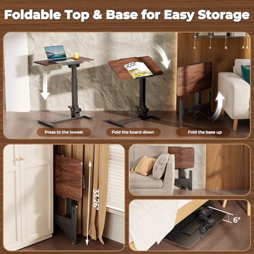 Image of JOY worker Foldable Overbed Bedside Table, 180 Tiltable Mobile Standing Desk with Wheels, 31.5 inch Height Adjustable Rolling Laptop Desk for Home & Hospital Use, Easy Storage, Rustic Brown