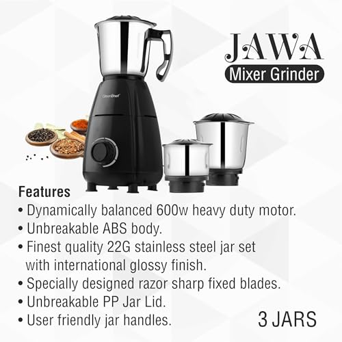 Image of Greenchef Jawa 600W Mixer Grinder with 3 Stainless Steel Jars | 18000 RPM Heavy Duty Motor | 3-Speed Control with Incher | Black