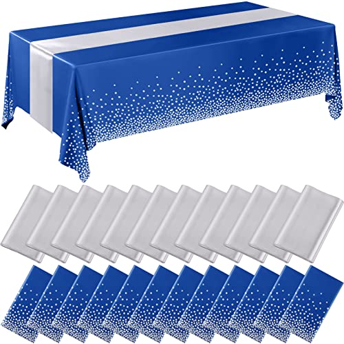 Image of Breling 24 Packs Navy Blue and Silver Disposable Plastic Tablecloths and Satin Table Runner Set, 54 x 108 Inch Tablecloth, 12 x 108 Inch Table Runners for Wedding Graduation Birthday Baby Shower