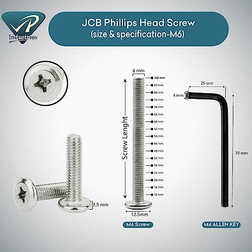 Image of Rely⇒VP INDUSTRIES (Pcs-25) M6x30 mm JCB Philips Flat Head Screw Nickel Finish | Flat Head Furniture Bolt Crib Bunk Bed Furniture Cot, Barrel Bolt, High Tensile Carbon Steel 10.9 Grad