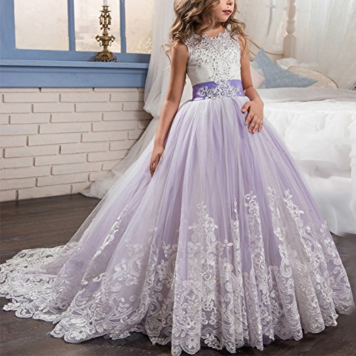 Girls Flower Lace Princess Communion Tulle Dress Long Pageant Gown Floor Length Prom Wedding Evening Formal Party2