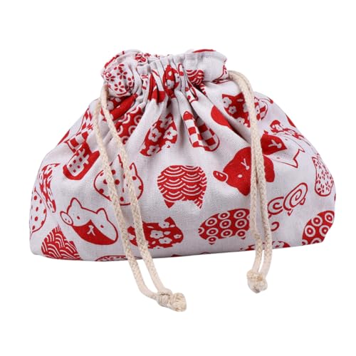 LOORGVEL Bolsa Bento Japonesa Doble Capa de Algodón y Lino Bolsa para Almuerzo Gruesa y Portátil con Cordón Japonés para Oficina Picnic y Trabajo con Gato Rojo