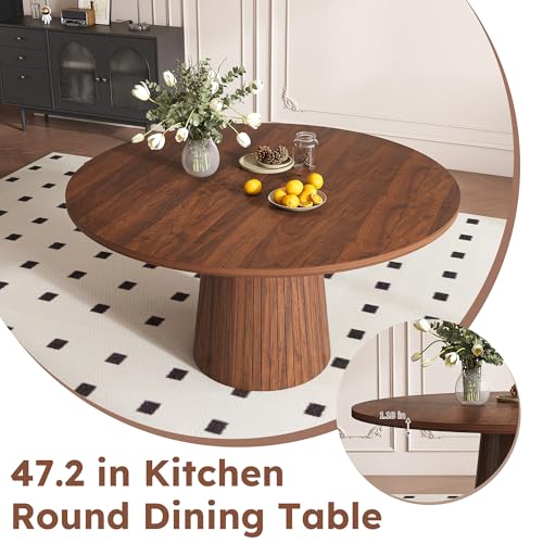 Image of Modern Round Dining Table, 47 inch Walnut Round Kitchen Table with Wood Grain Tabletop & Fluted Strip Base, Space Saving Circle Dining Table Seats 4-6, Ideal for Dining Room, Living Room, Small Space