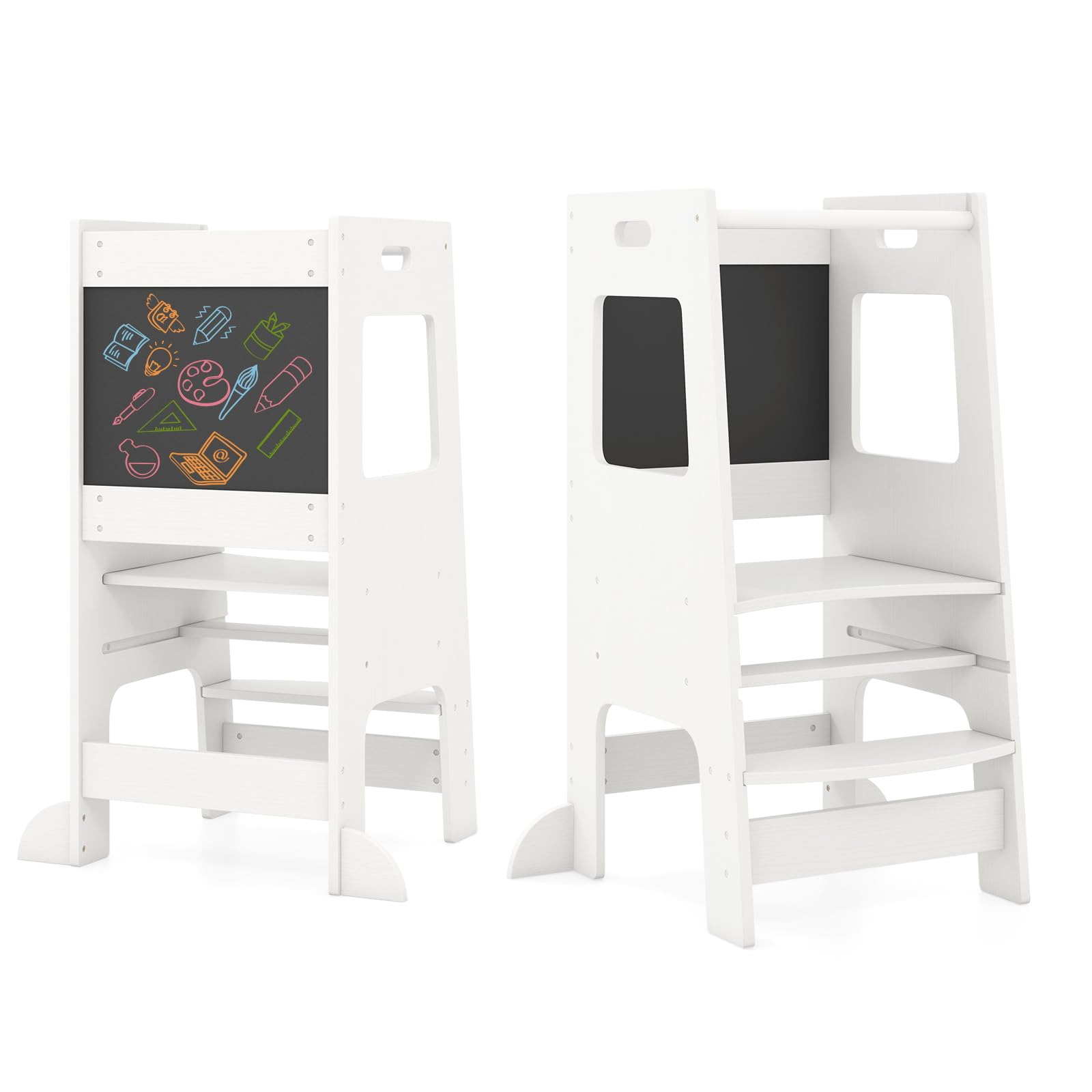 DREAMADE Lernturm ab 1 Jahr, Tritthocker Holz mit doppelseitiger Tafel, Learning Tower Höhenverstellbar, Lernturm Kinder mit Sicherheitsschiene, belastbar bis 60kg (Weiß)