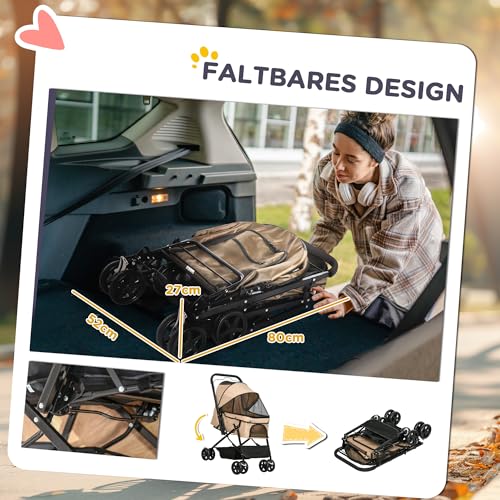 PawHut Hundebuggy Hundewagen Buggy für kleine Hunde und Katzen Haustierwagen Pet Stroller Katzenbuggy Oxford Braun 76,5 x 52 x 95 cm