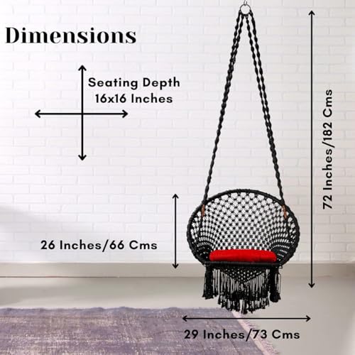 Image of Swingzy Premium Round Hanging Swing Chair for Home /Balcony /Garden /Patio /Hammock Jhula Chair for Adults & Kids /Indoor Outdoor Hanging Seat with Accessories | Heavy Duty Rope Swing (Round Black)