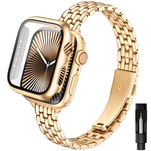 Aniaboho Damen Bling Schmuck Armband und Hülle kompatibel mit Apple Watch Armband 40mm mit Schutzhülle, Glänzendes Uhrenarmband, Schönes Metallarmband für iWatch SE Series 6 5 4(40mm Gold)