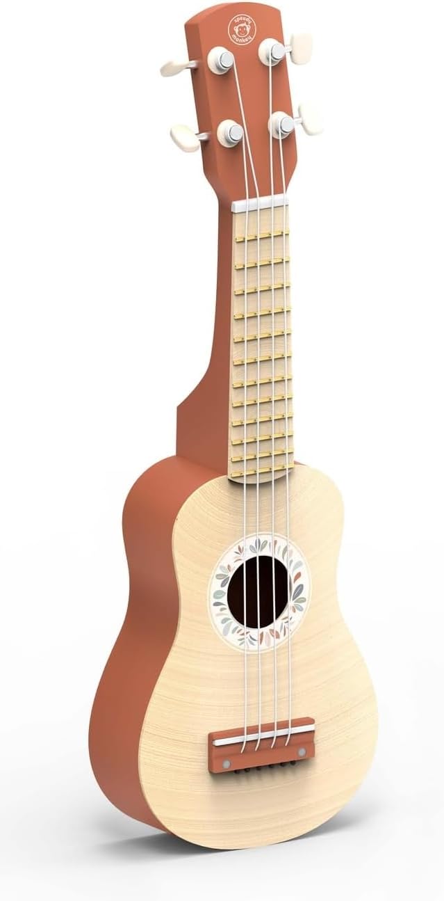 Speedy Monkey 16-Inch Kids Ukulele Toy | FSC® Certified Wooden Musical Instrument for Toddlers and Children | Safe Design Kid's Musical Toy with 4 Nylon Strings, Terracotta & Wood Finish