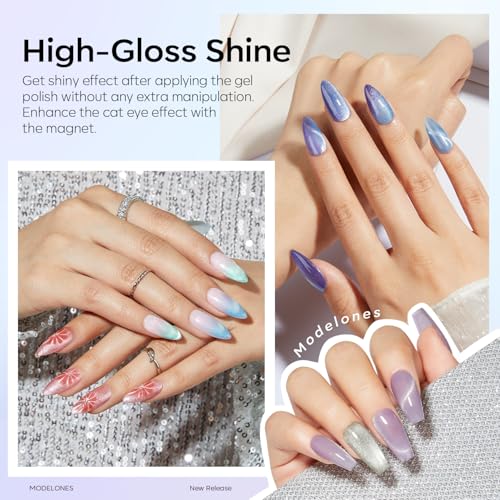 Image of Modelones Cat Eye Gel Nail Polish Magnet, 8-in-1 Cat Eye Magnet Tool for Gel Nails Strong Magnetic Nail Art Wand with Steel Ball, Glass Bead& French Tip&Clover Cateye Multi-Effect Magnets DIY Salon