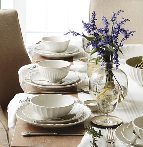 Image of Lenox Dinnerware Sets, French Perle Scallop White 24-Piece Dinnerware Set, Service For 8, Stoneware Material, Dishwasher Safe, Microwave Safe, Bowls, Plates And Bowls, Dinner Dishes (White, 24 Piece)