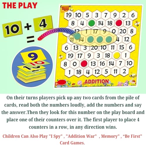 Image of Creative's Maths Fun Addition, 5-in-1 Maths Board Game, 60 Counters 4 Colours, 2 Sets 0-10 Play Cards, Five Addition Card Games Board Game, Build Addition Skills Ages 5+