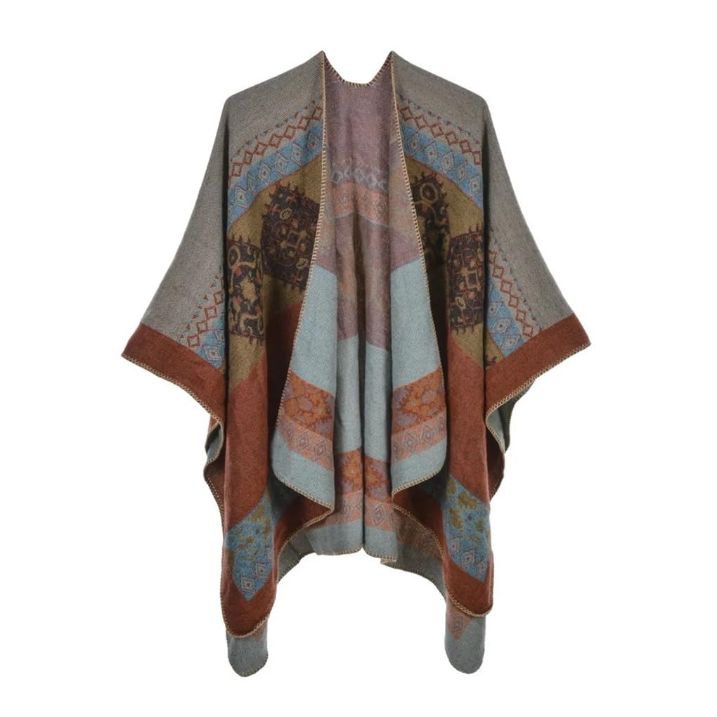 Dninmim Suéter de punto estampado para mujer, abrigo de otoño e invierno, capa de doble cara, poncho cálido