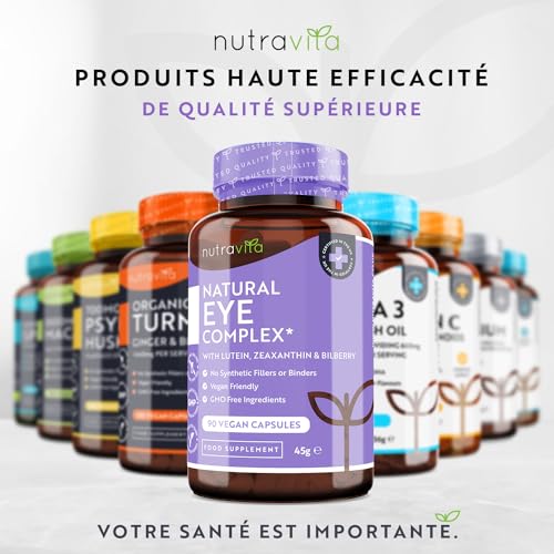 Complément santé pour les yeux − contient de la lutéine, zéaxanthine, du zinc, de l'extrait de myrtille et de la vitamine A et B12 – maintien d’une bonne vision − 90 gélules − Fabriqué par Nutravita – Image 7