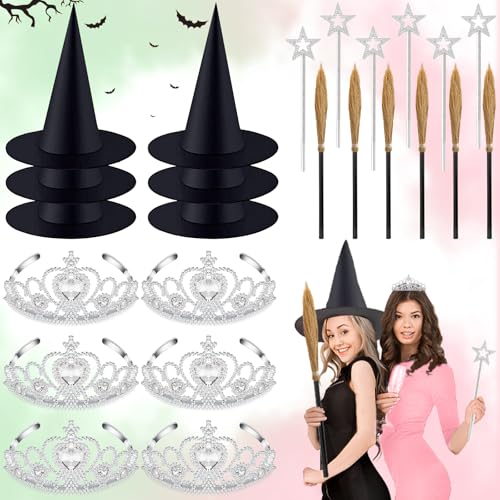 Yoloodayy 24 Pcs Witch Hats Glitter Star Wands Princess Crowns Set Black Wizard Hats Sparkling Princess Accessories for Witch Dress up Costume Christmas Cosplay Party Supplies