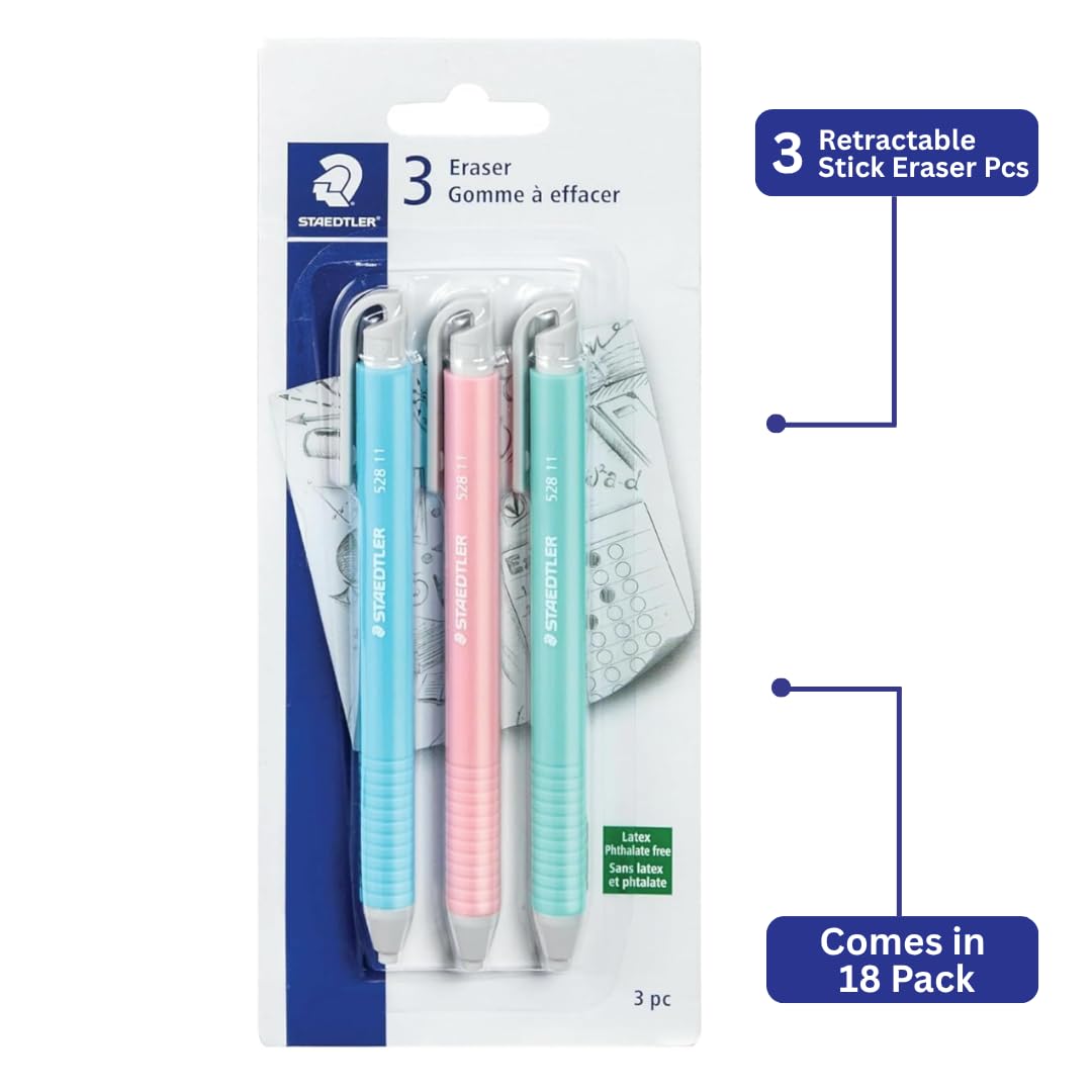 STAEDTLER Vinyl-Radiergummi-Halter (3er-Pack): einziehbare Radiergummis für Bleistifte, weiches Vinyl, latexfrei, saubere Kanten, keine Flecken, Pastellfarben (54)