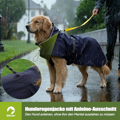 Zellar Hunderegenmantel, Wasserdicht & Verstellbar - Leichte Regenjacke mit Reflektierendem Streifen & Kragenloch für Mittelgroße, Große Hunde, Schnell-Anlege-System, Atmungsaktiv (L, Blau)